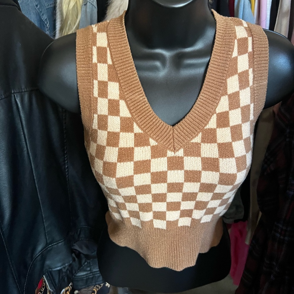 moon & madison Brown and Cream V-Neck Sweater Vest